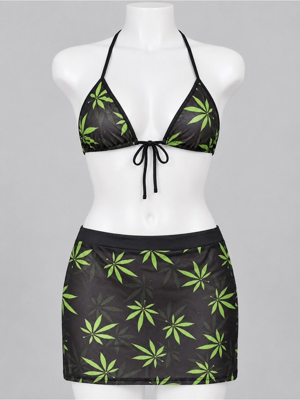 BLACK & green | Leaf Print Triangle Bikini with Skirt SET